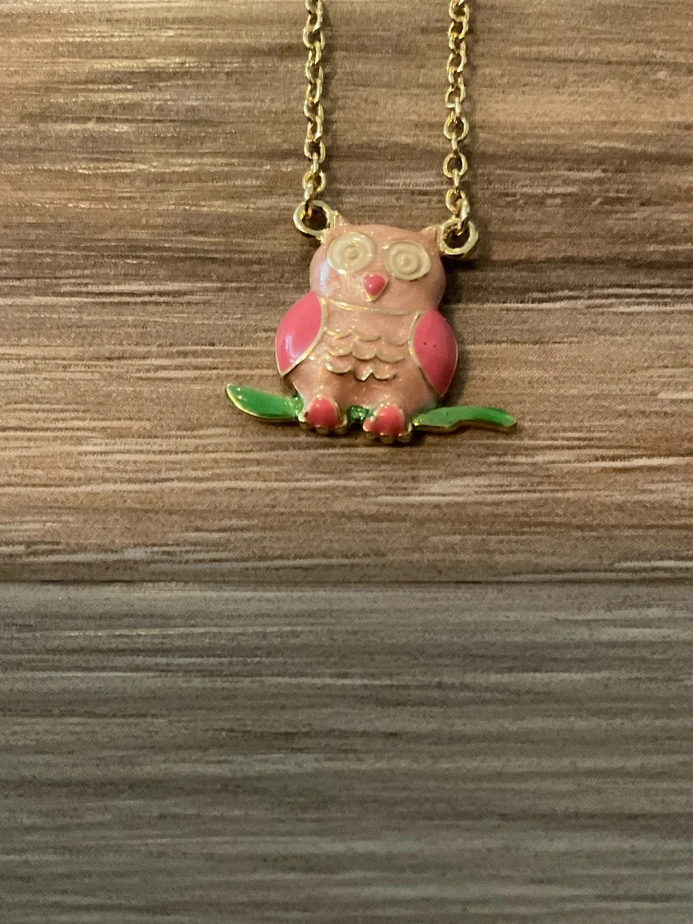 Gold Tone Owl Pendant Necklace - Pink and Green Accents